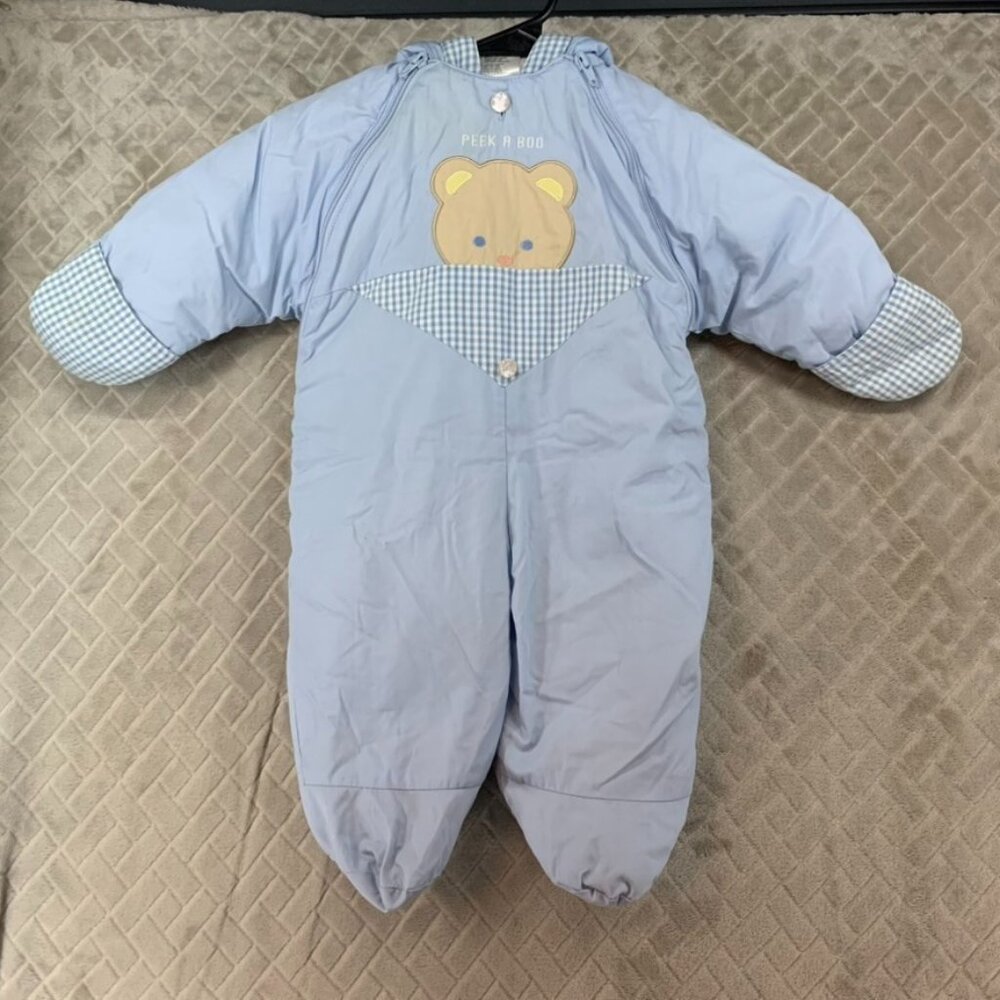 Quiltex Baby 9 months Snow Suit Light Blue Puffer Teddy Bear Vintage 90s